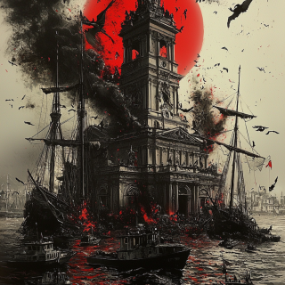Ralph-Steadmans-crazy-psychedelic-black-white-and-red-drawing-of-St.-Petersburg-at-night.-803a2d00ef623be40